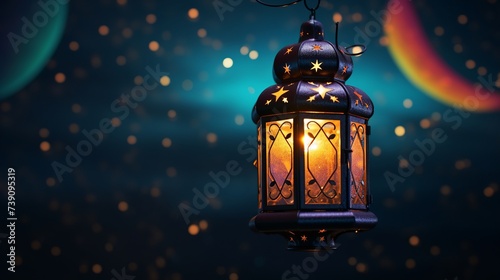 An illuminated colorful ramadan lantern against blue night sky with an crescent moon photo