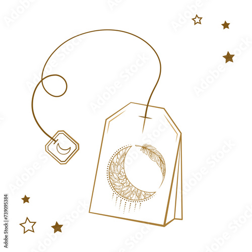 Line art vintage style crescent moon tea bag illustration. Magic calming tea for a good sleep and relaxation.