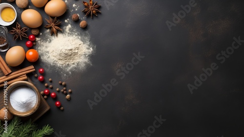 Baking or cooking background frame. Ingredients, kitchen items for baking cakes. Kitchen utensils, flour, eggs, almond, cinnamon, oil. Text space, top view