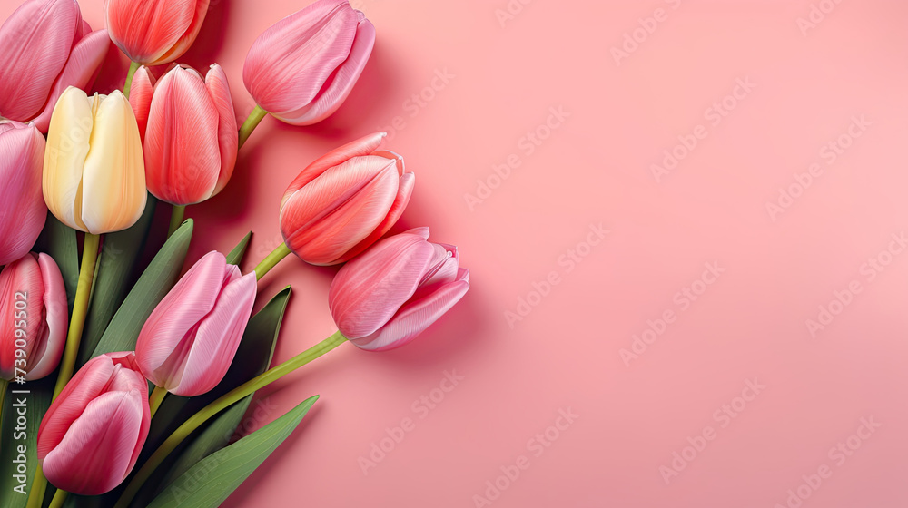 Tulip Bouquet on Pink Background with Copy Space, Flat Lay Style Greeting for Women's Day, Mother's Day, or Spring Sale Banner Tulip Bouquet on Pink Background with Copy Space, Flat Lay Style Greeting for Women's Day, Mother's Day, or Spring Sale Banner