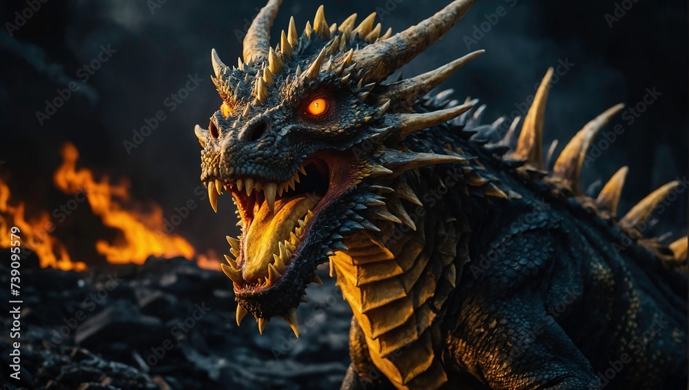 A dragon with yellow eyes and sharp teeth is shown in a dark, fiery ...