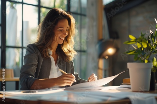 Smiling businesswoman working with papers in sunny office.