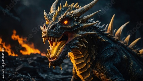 A dragon with yellow eyes and sharp teeth is shown in a dark, fiery environment. The dragon has long horns on its head and a spiked tail. It appears to be roaring or breathing fire as it stands in the