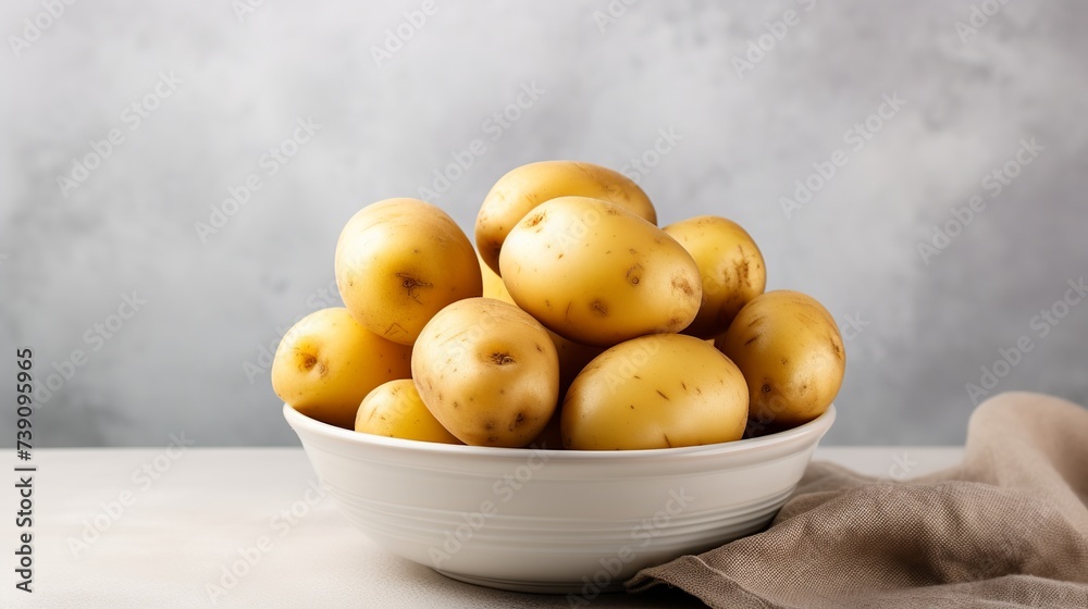Bowl with raw potatoes and knife on light background Bowl with raw potatoes and knife on light background