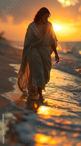 Jesus walking in beach morning - sunrise