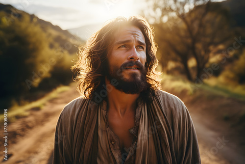 Jesus Christ portrait in old clothes walking on dirt path photo