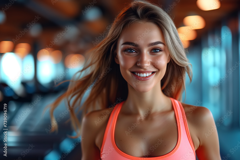 Sports fitness instructor woman in a sports bra smiles happily directly at the camera