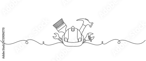 hard hat and building plans line art style	