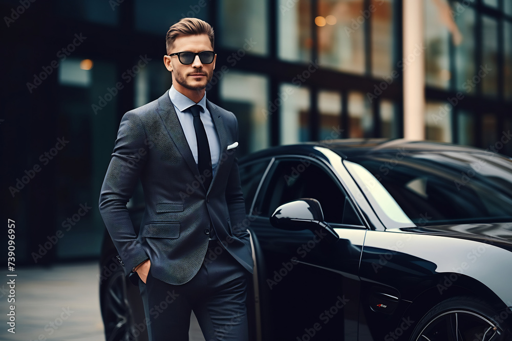 Elegant Businessman in Stylish Suit Posing Next to Luxury Car. Urban Success and Lifestyle Elegant Businessman in Stylish Suit Posing Next to Luxury Car. Urban Success and Lifestyle