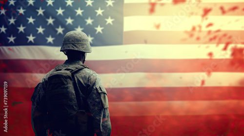 Veterans Day Background with USA Flag, Soldier, and Fireworks, Copy Space for Banner photo