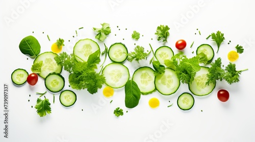 Creative layout made of tomato, cucumber and salad leaves on the white background. Flat lay. Food concept. photo