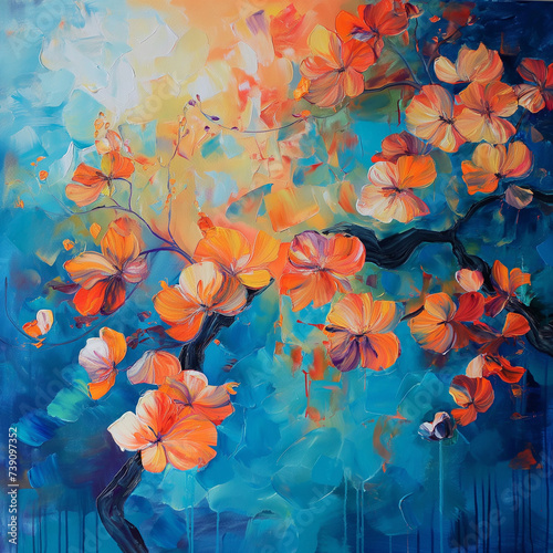 Spring is here / Acrylic painting with hues of orange and blue turquoise  © Tinatin