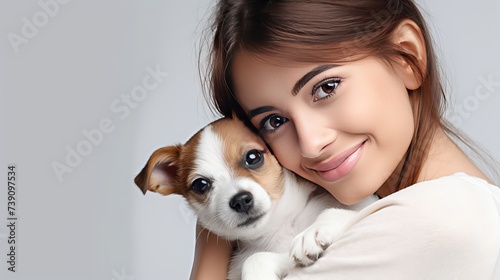 Cute young woman kisses and hugs her puppy jack russell terrier dog. Love between owner and dog. Isolated on white background. Studio portrait