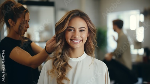Female hairdresser standing and making hairstyle to cute lovely young woman in beauty salon photo