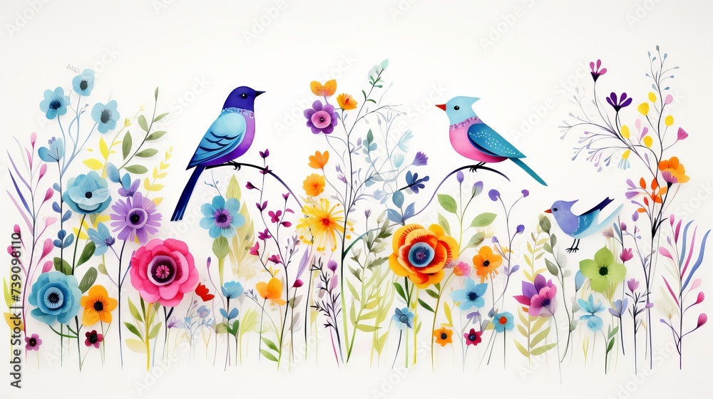 Floral summer design with hand-painted abstract flowers with birds in different colors on white background. Art is painted and