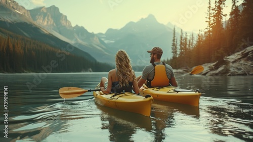 woman and man, couple kayaking on a serene lake