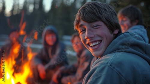 young boys and girls with friends, group of teens laughing around a campfire