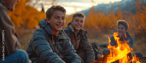 young boys and girls with friends, group of teens laughing around a campfire