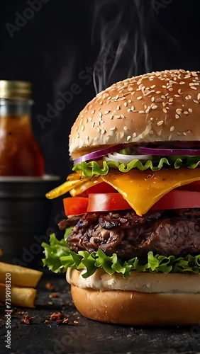 burger with crispy French fries on a background, fast food