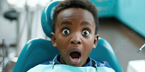 Children treatment teeth, medical checkup. African-American smiling elementary school boy sitting in dentist chair exposing white teeth. Creative banner with happy child kid for pediatric dentistry