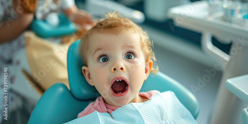 Scared shocked baby with open mouth sitting in dentist's chair exposing white teeth. Creative banner with funny child kid for pediatric dentistry. Children treatment teeth, medical checkup concept