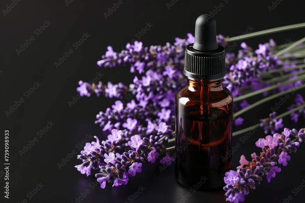 Essential oil bottle with lavender flowers.