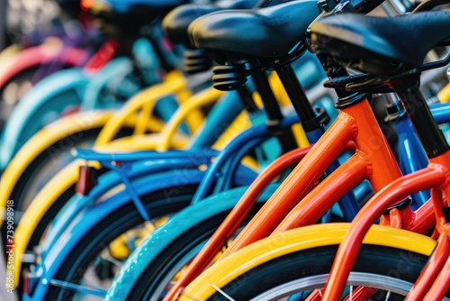 Colorful bicycles lined up at an outdoor bike rack in a cycling haven with scenic surroundings © Suwanlee