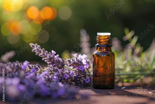 Glass bottles aroma oil  zen stones and dry lavender flowers on wooden table. Spa Treatment.