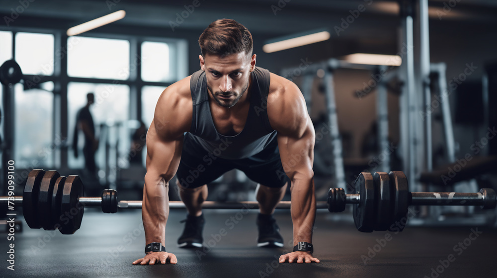 Determined Male Athlete Performing Push-Ups in a Well-Equipped Gym. Focus and Strength Training Concept