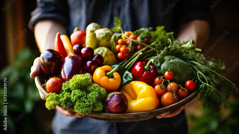 Fototapeta premium Hands holding big plate with different fresh farm vegetables. Autumn harvest and healthy organic food concept