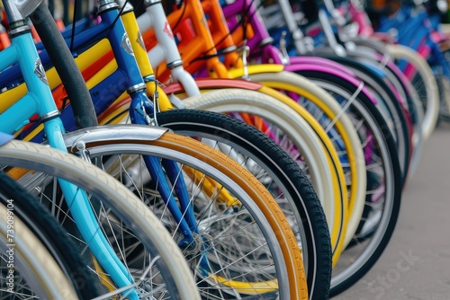 Outdoor Cycling Haven: Colorful Bicycles Lined up at a Bike Rack.