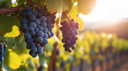 Ripe Blue Grapes Hanging in Vineyard at Sunset. Winemaking and Agriculture Concept photo