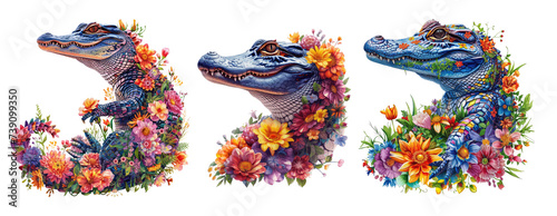 Alligator made of flowers water painting vintage vivid colors photo