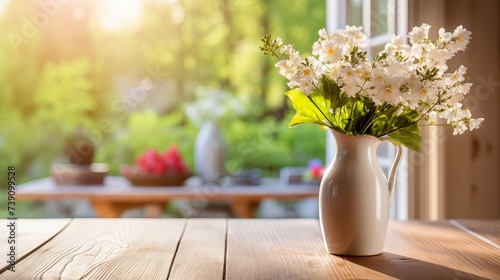 Home wooden kitchen table top with focus in front and blurred background showing breakfast tablewear, windowframe and a vase filled with garden flowers. Space for text photo