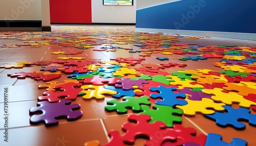 World Autism Awareness day, mental health care concept with colorful puzzle on the floor photo