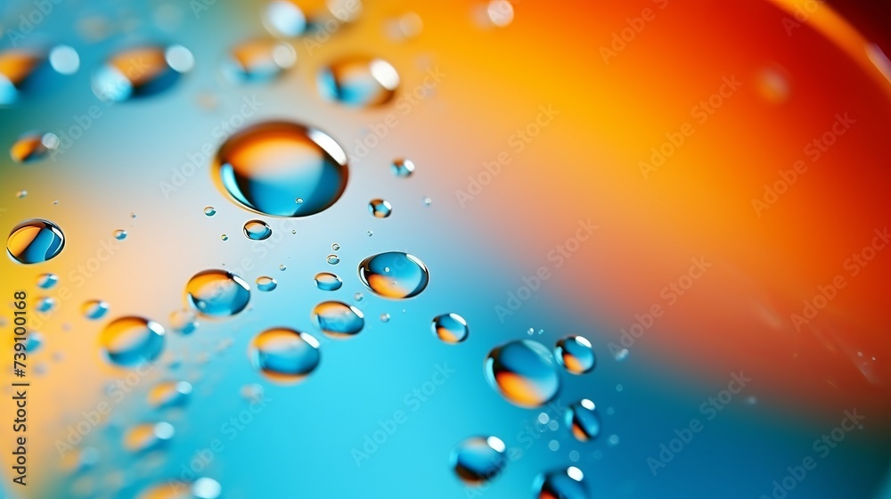 Macro shot of water oil emulsion over colored background