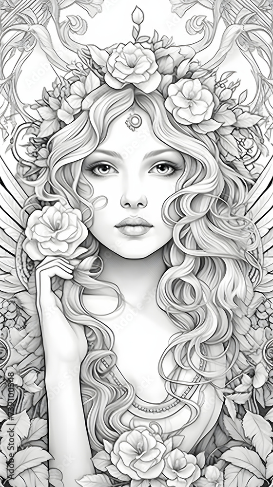 大人の塗り絵、女神や女性の天使の線画イラスト 大人の塗り絵、女神や女性の天使の線画イラスト