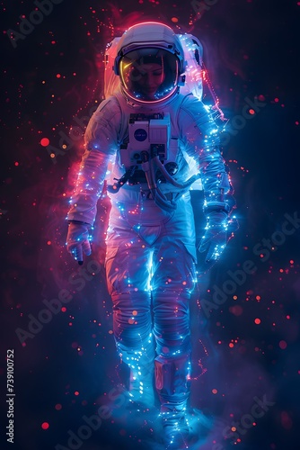 an astronaut enveloped in a shimmering, ethereal glow against a dark, nebulous background, creating a cosmic and otherworldly visual.