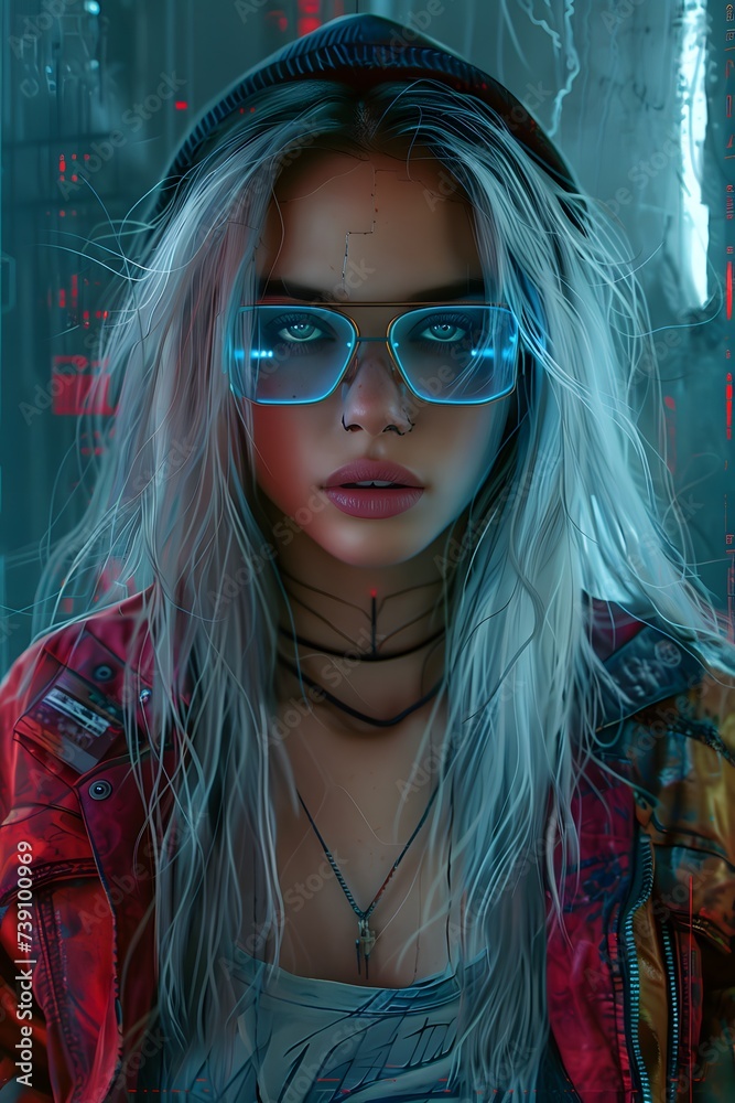 Stunning cyberpunk scifi girl standing on a city street