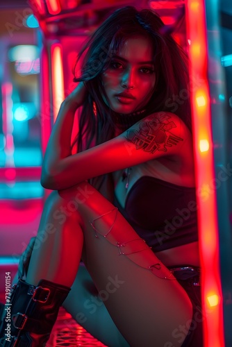 Stunning dark haired cyberpunk scifi female standing on a city street pictured from the side