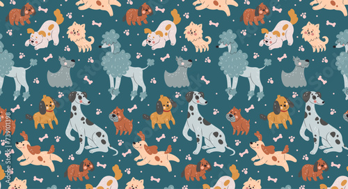 Dog pattern. Cute doodle, seamless print animal, hand drawn art, cartoon texture funny face, nursery Scandinavian style decor textile, wrapping paper, baby wallpaper, childish vector tidy background