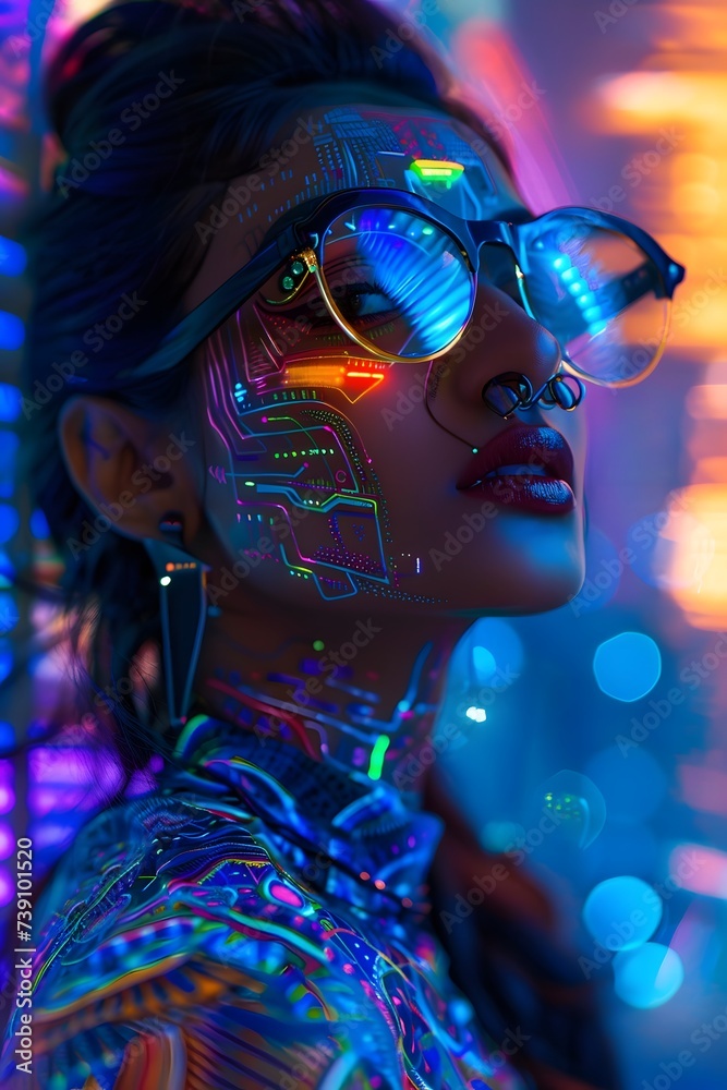 Cyberpunk girl neon purple on a city street