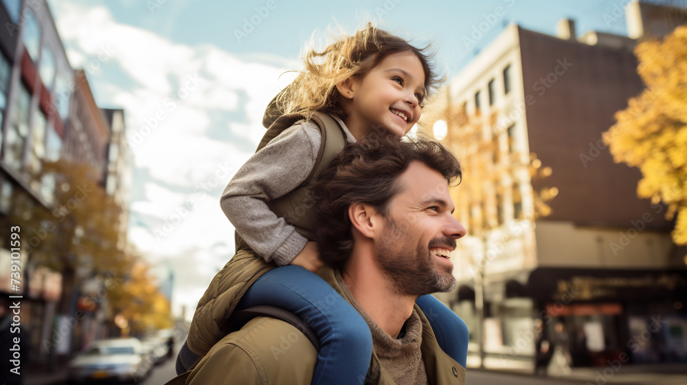 Happy Father Giving Piggyback Ride to Delighted Daughter on Busy City Street. Family Urban Lifestyle