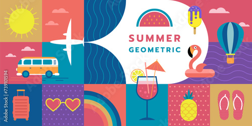 Summer fun. Beach vacation. Geometric banner. Abstract campaign element. Festival sale poster. Tropical event. Flyer layout. Flat pattern. Holiday journey. Story design template. Vector background photo