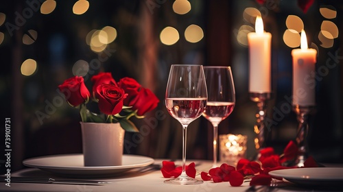 Romantic dinner setup, red decoration with candle light in a restaurant. Selective focus photo
