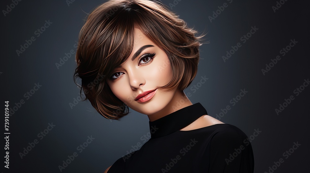 Smiling Beautiful Woman With Brown Short Hair. Haircut. Hairstyle. Fringe. Professional Makeup Smiling Beautiful Woman With Brown Short Hair. Haircut. Hairstyle. Fringe. Professional Makeup