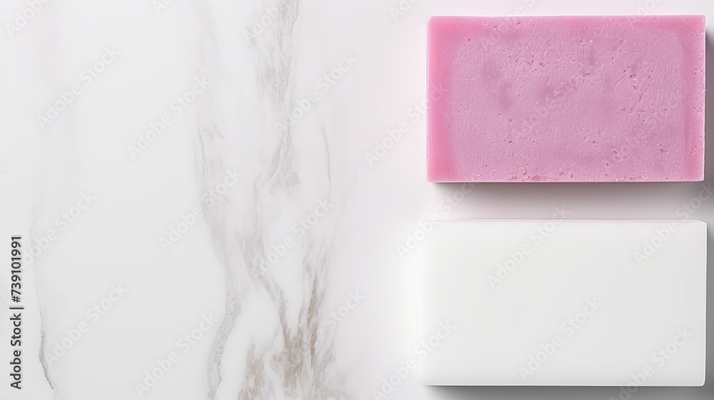 Soap bar and foam on white background, top view. Mockup for design - obrazy, fototapety, plakaty 