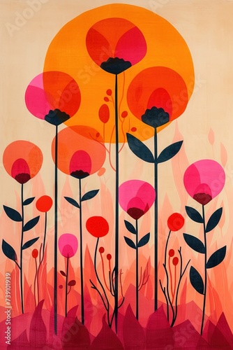 A colorful flower design on a beige background. A vibrant and whimsical painting of a coquelicot flower, drawn by a child, on a neutral beige backdrop