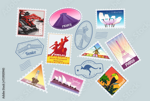 Postal stamp. Passport trip seal. Travel map location icon. Postage emblem. France culture. Country architecture. Paris landmark. Airplane flight. Vintage postage signs. Vector postcard symbols set
