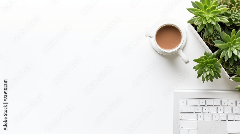 Stylish office table desk. Workspace with laptop, diary, succulent on white background. Flat lay, top view Stylish office table desk. Workspace with laptop, diary, succulent on white background. Flat lay, top view